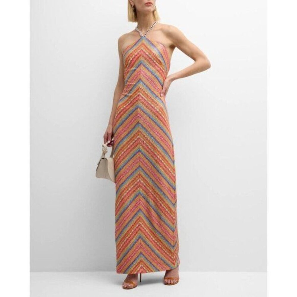 Liv Foster Foil Knit Column Maxi Dress 6  Metallic Fleck Halter Party